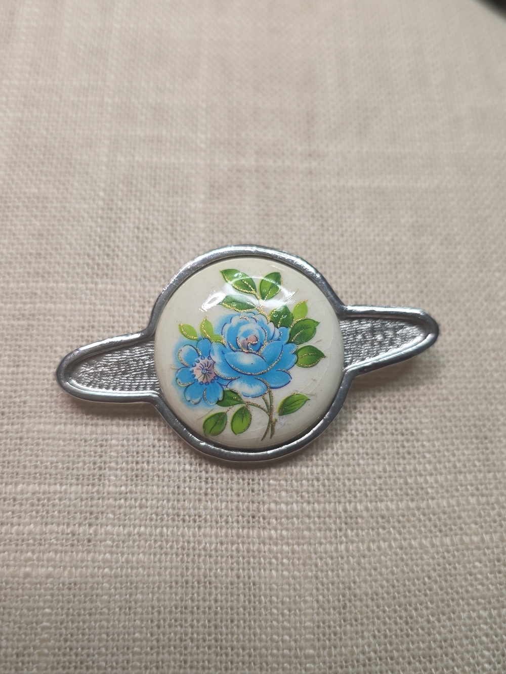 vintage silver tone Painted Blue flower gold accent Porcelain Metal brooch